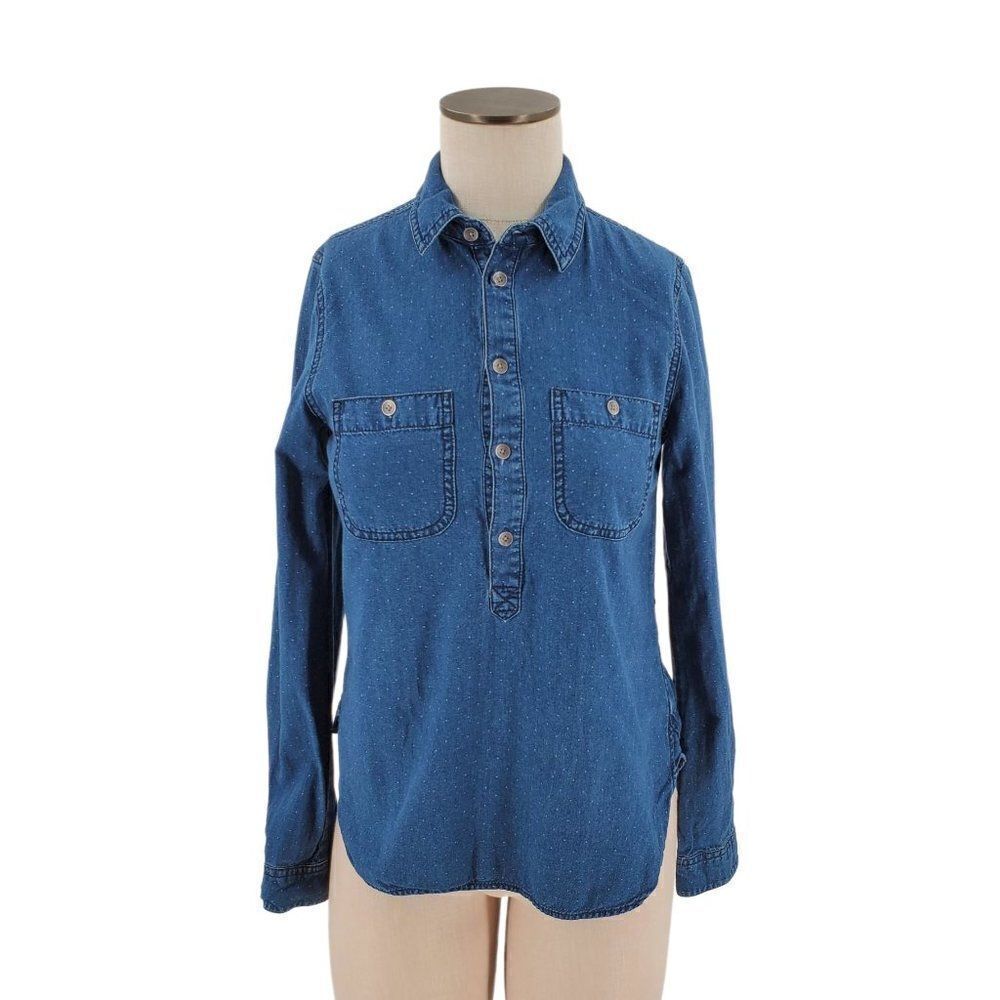 Madewell Shirt Womens Button Long Sleeve Popover Cotton Blue Polka Dot Size XS